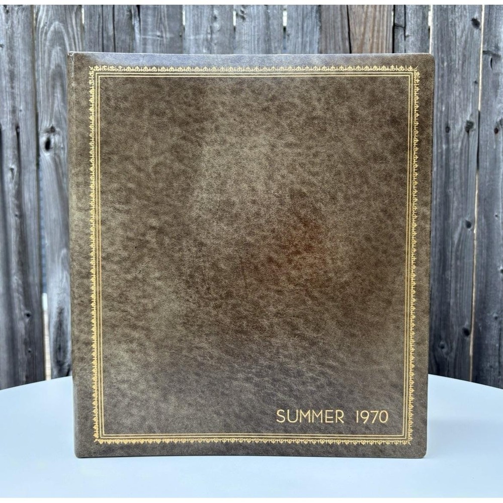 Vintage three ring binder photo album brown gold Summer 1970 CP Leathercrafts NY